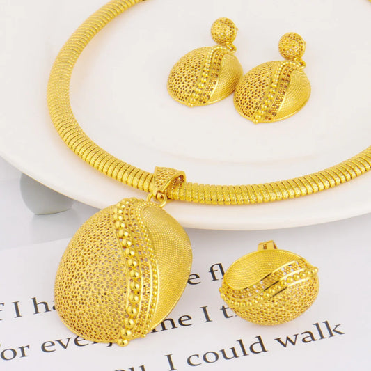 Dubai Gold-plated Copper Jewelry Set Geometry Necklace Earrings Ring Bridal Wedding Party Gold Jewelry Gift