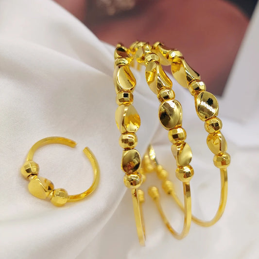 Fashion 3pcs Bangles with Ring Dubai Gold Color Lucky Bead Bracelets Luxury Hand Jewelry Sets for Wedding Party Anniversary Gift