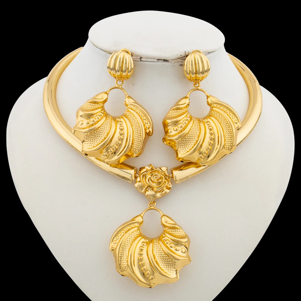 Dubai Gold Color Jewelry Set for Women Large Size Flower Pendant Necklace and Earrings Hollow Out Bangle Ring Set Bride African