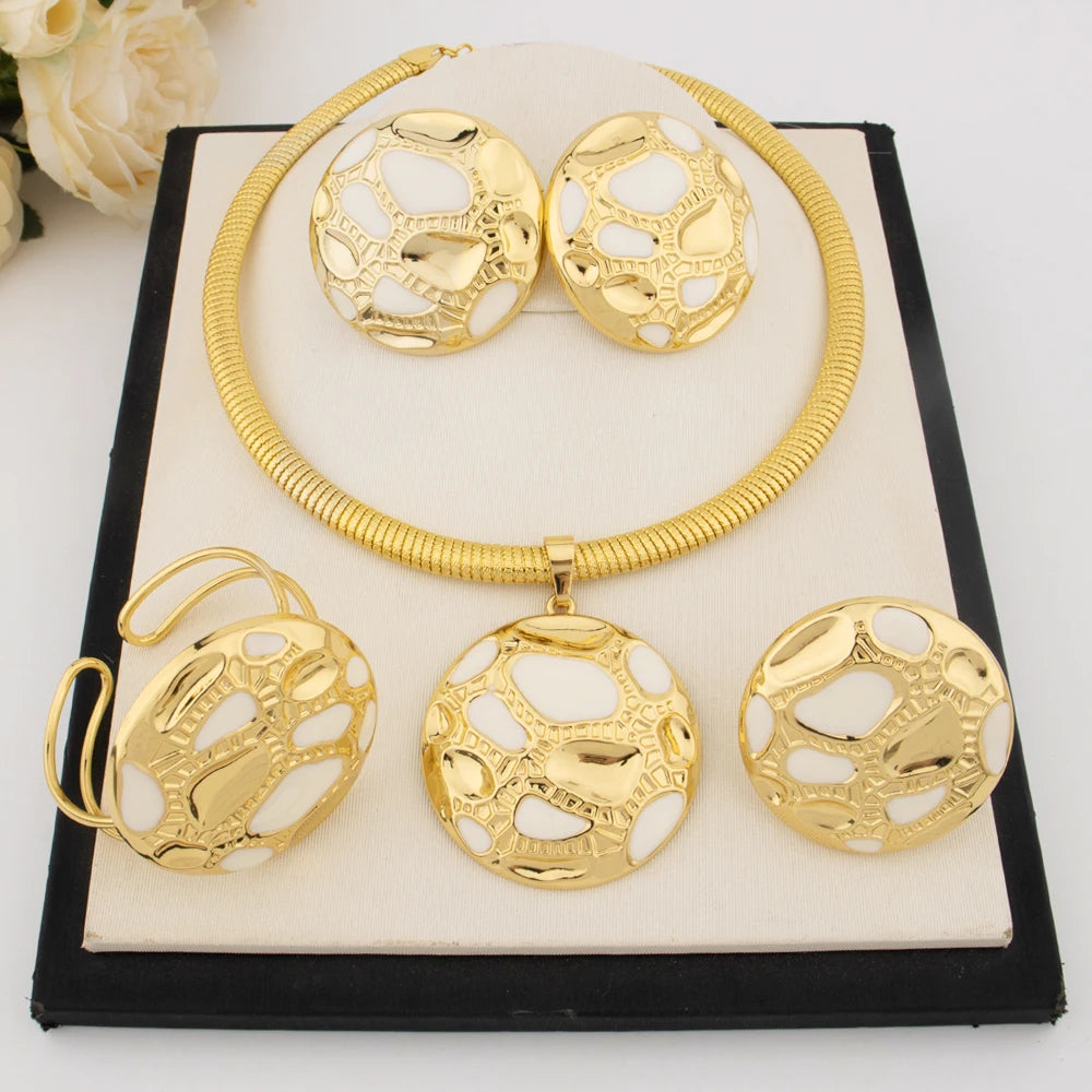 Luxury Design Female Jewelry Set Gold Color Earrings Necklace Big Circle Bangle Ring for Women Dubai America Party Jewelry