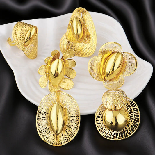 Elegant Multi Layer Petal Flower Earrings 2025 New Women Style Design Ring and Earrings for Women Classic Gold Color Jewelry