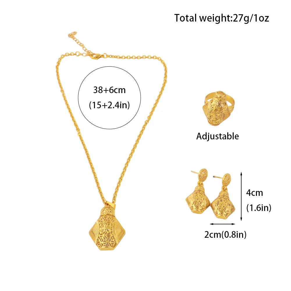 Mid East Luxury Gold Plated Necklace Ring Earrings Set for Women Gold Color Elegant Jewelry Gift for Nigeria Bride Wedding Party