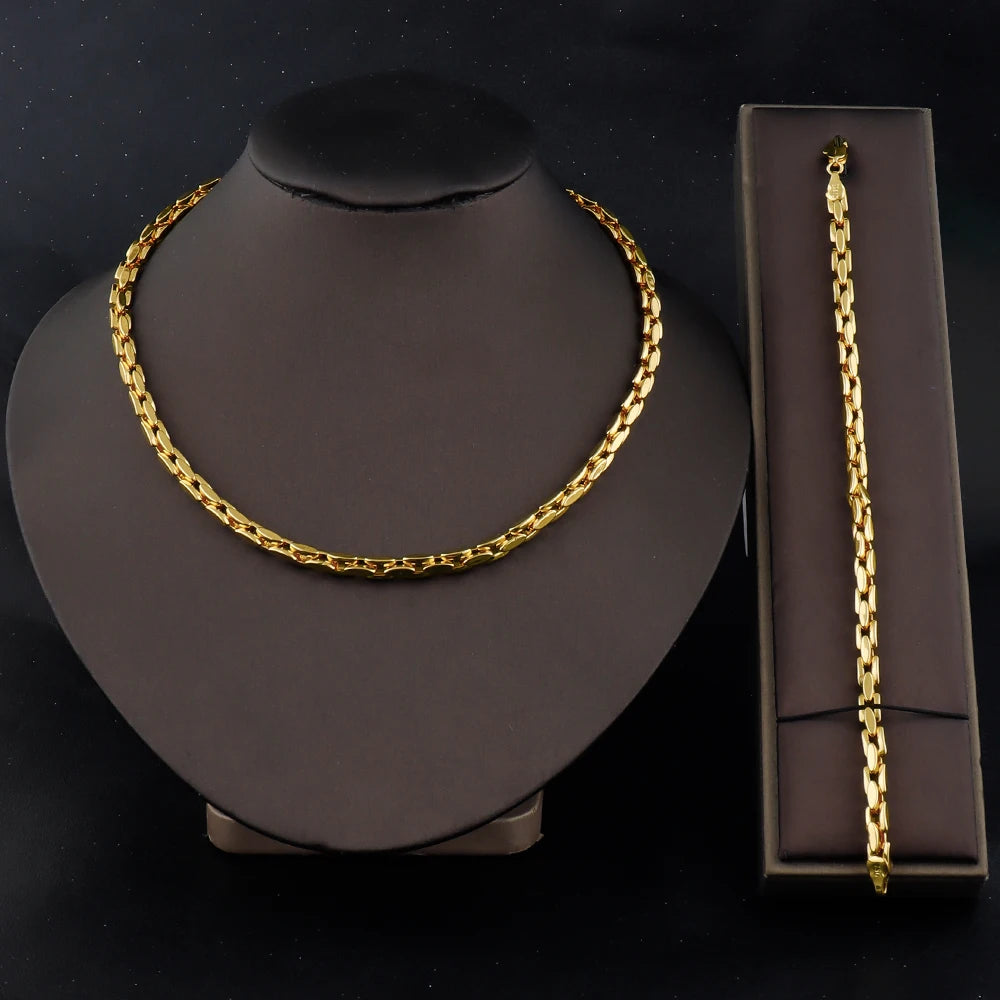 Steel Chain Necklace & Bracelet Set, Trendy Gold-Tone Metal Collar Jewelry for Women, Gift-Ready Bijoux