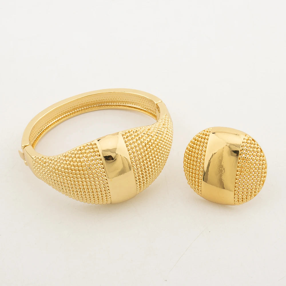 18K Gold Tone Wide Water-Texture Metal Bangle & Open Cuff Ring Set for Women, Chunky Twisted Bracelet, Fashion Jewelry Women Set