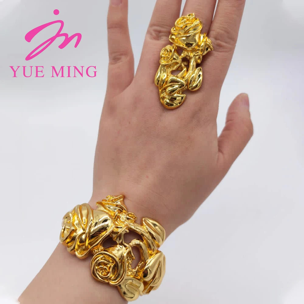 18K Gold Color Cuff Flower Bangle Ring For Women Moroccan France Dubai Luxury Copper Bracelet Jewelry Nigerian Party Wedding Gif