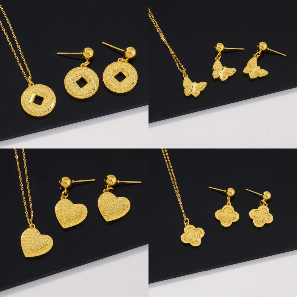 Pretty Girl Gold Color Trendy Four Jewelry Set Delicacy Earrings Clavicle Chain Set Shine Pendant Apply to Party Wedding Gift
