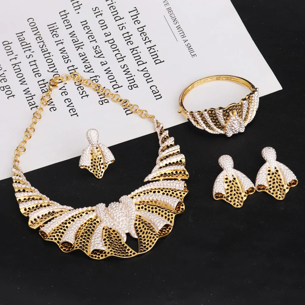 18k Gold Plated Inspired Women Jewelry Necklace Earrings Bracelet Rings Set for Nigeria Lagos Fashion Exotic Skin Friendly