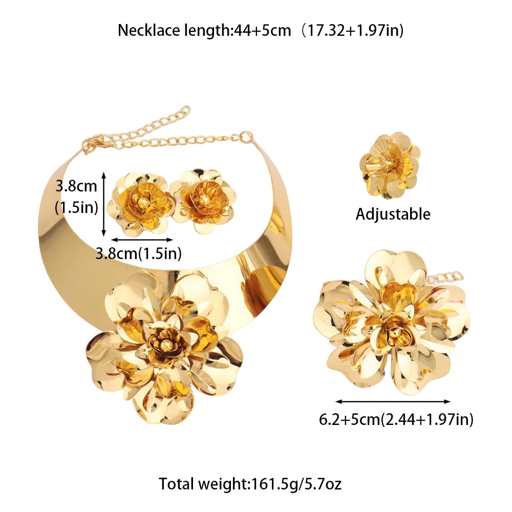 4pcs Gold-plated Necklace Earrings Ring Bracelet Set Women Luxury Fashion Style Flower Shape Jewelry Set for Party Wedding