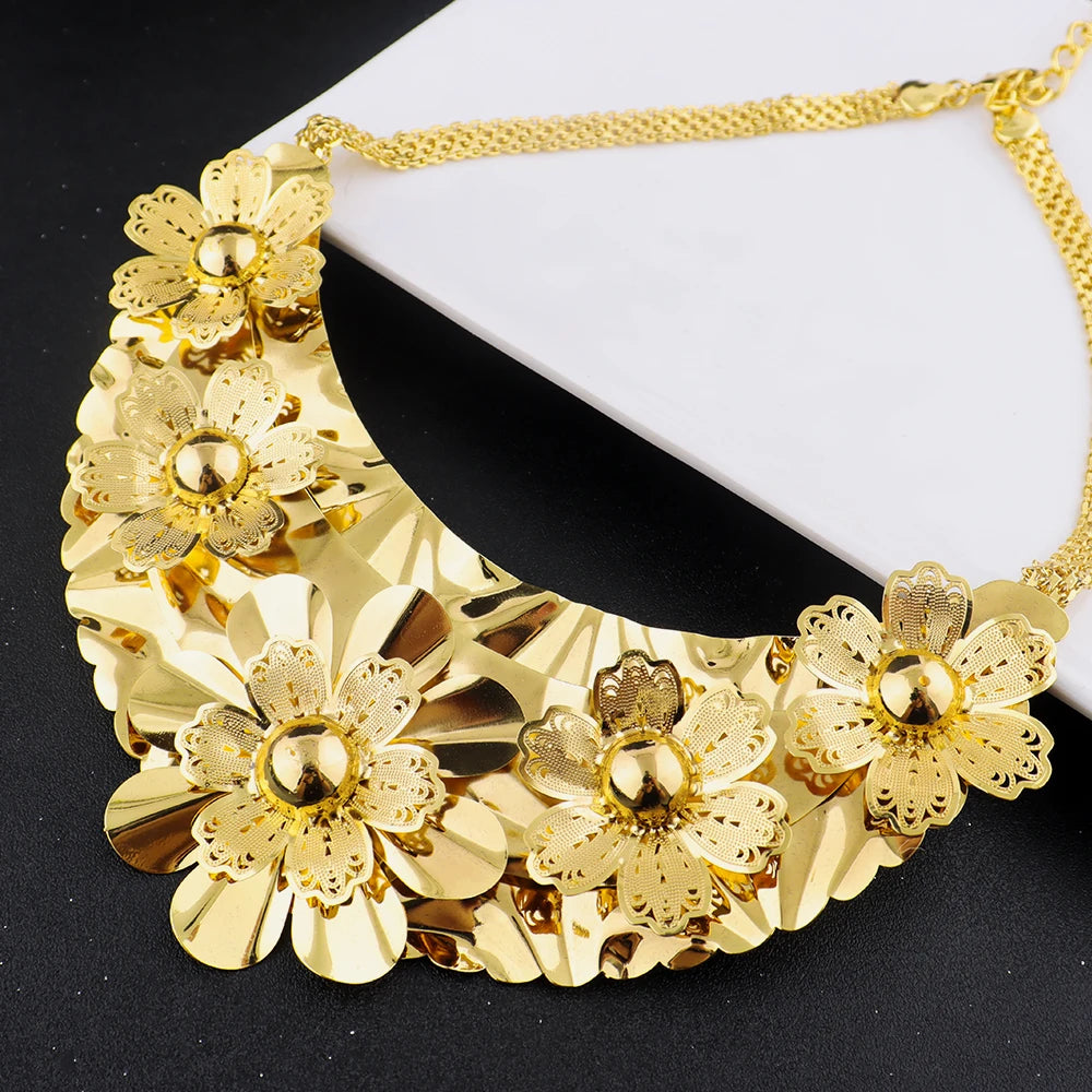 Indian Dubai Luxury 24k Gold Plated Earrings Necklace Ring Bangle Jewelry Set For Women America Bridal Set Wedding Party Gifts
