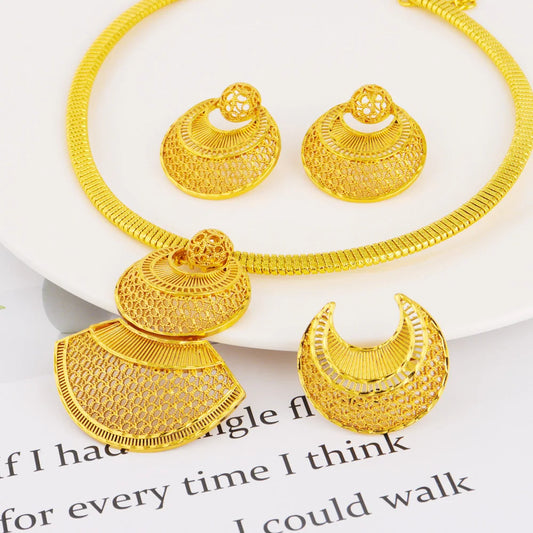 Dubai Gold Color Jewelry Set For Women Indian Earring Necklace Ring Nigeria Moroccan Bridal Accessorie Wedding Party Gift