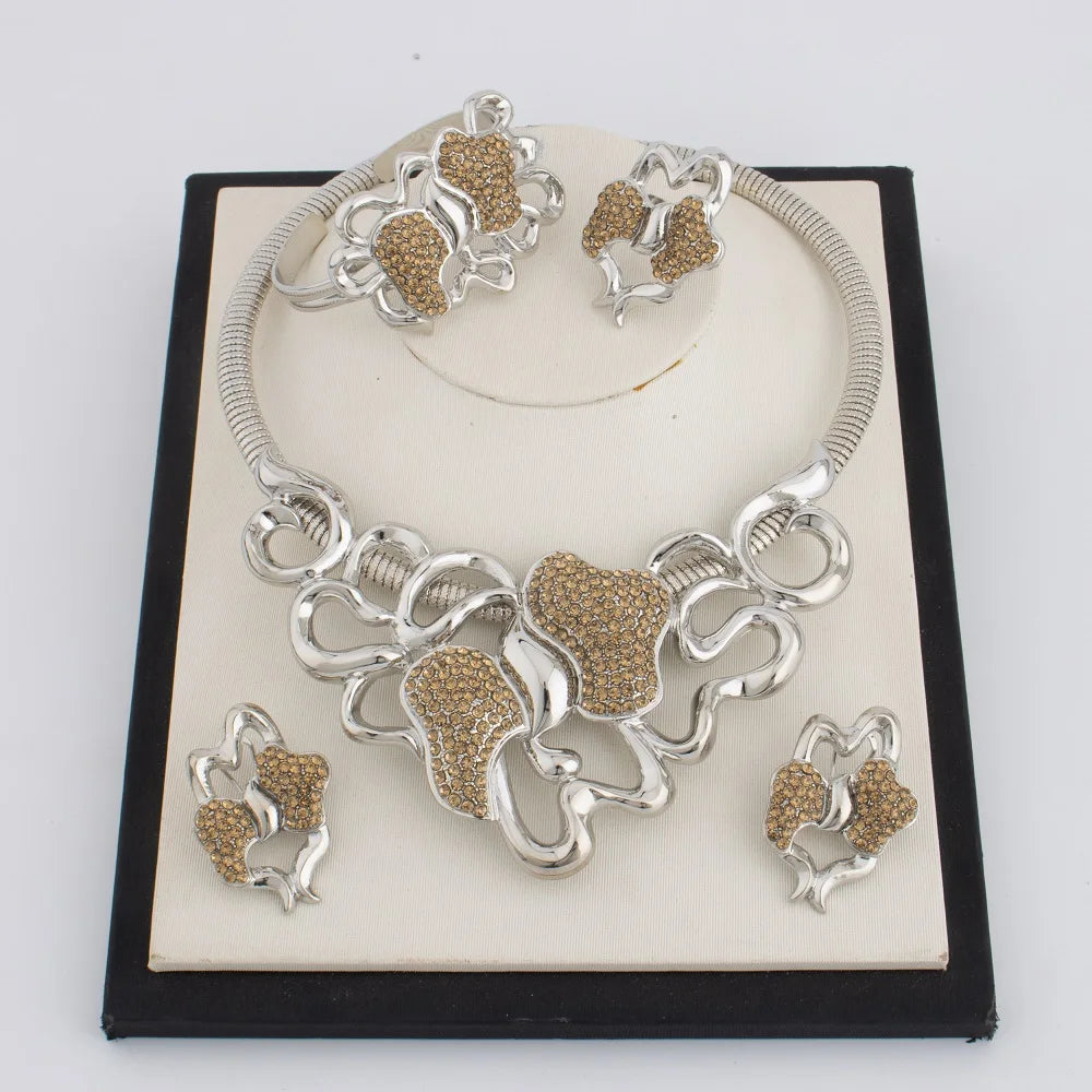 Dubai Gold Plated Jewelry Set Women Luxurious Necklace Earrings Bracelet Ring 4pcs Bride Wedding Party Jewelry Set Gift