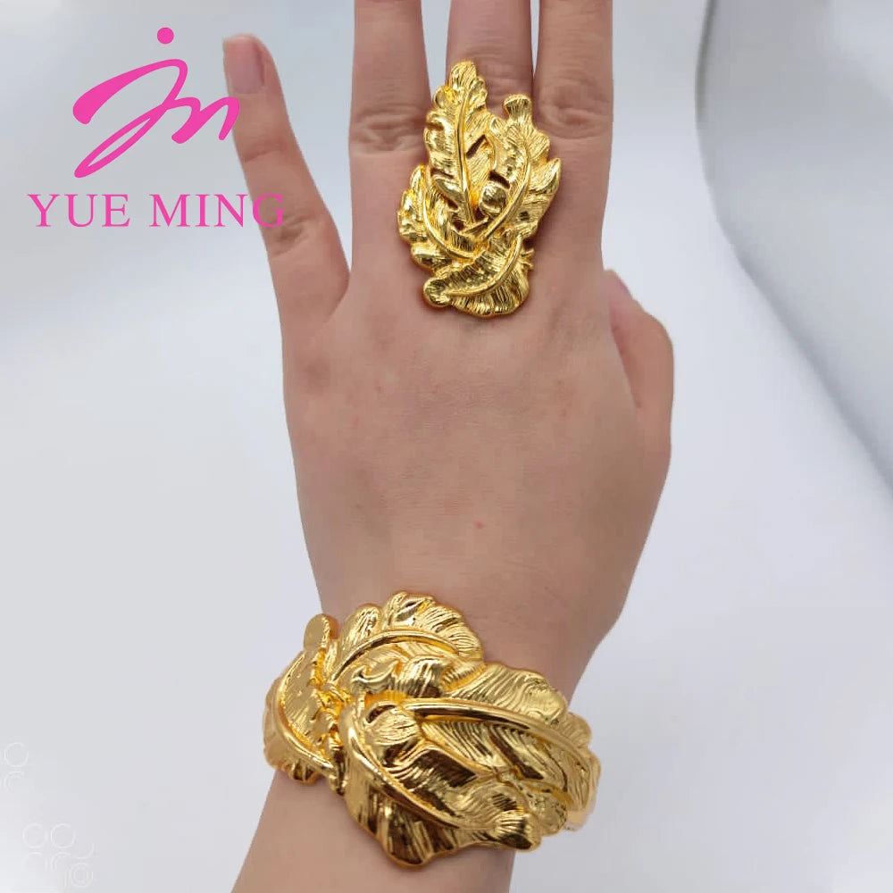 18K Gold Color Cuff Flower Bangle Ring For Women Moroccan France Dubai Luxury Copper Bracelet Jewelry Nigerian Party Wedding Gif