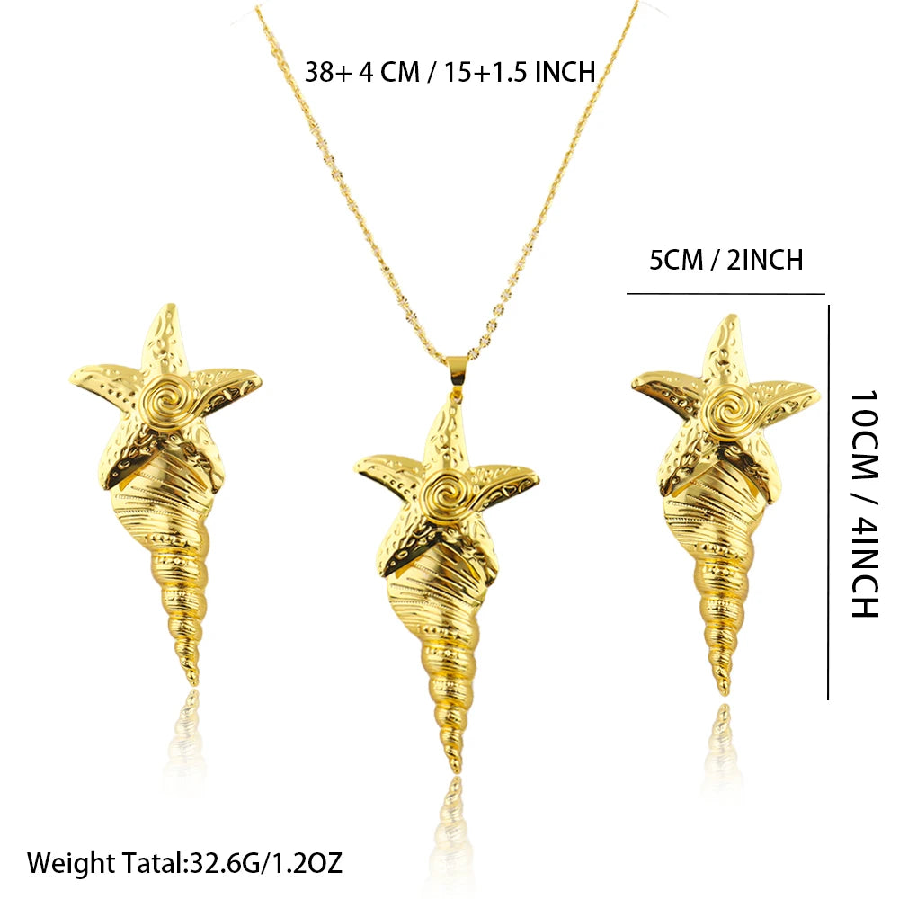 Dubai Gold Plated Luxury Noble Necklace Charm Earrings for Women Big Shell Shape Jewelry Set for Party Wedding Christmas Gift