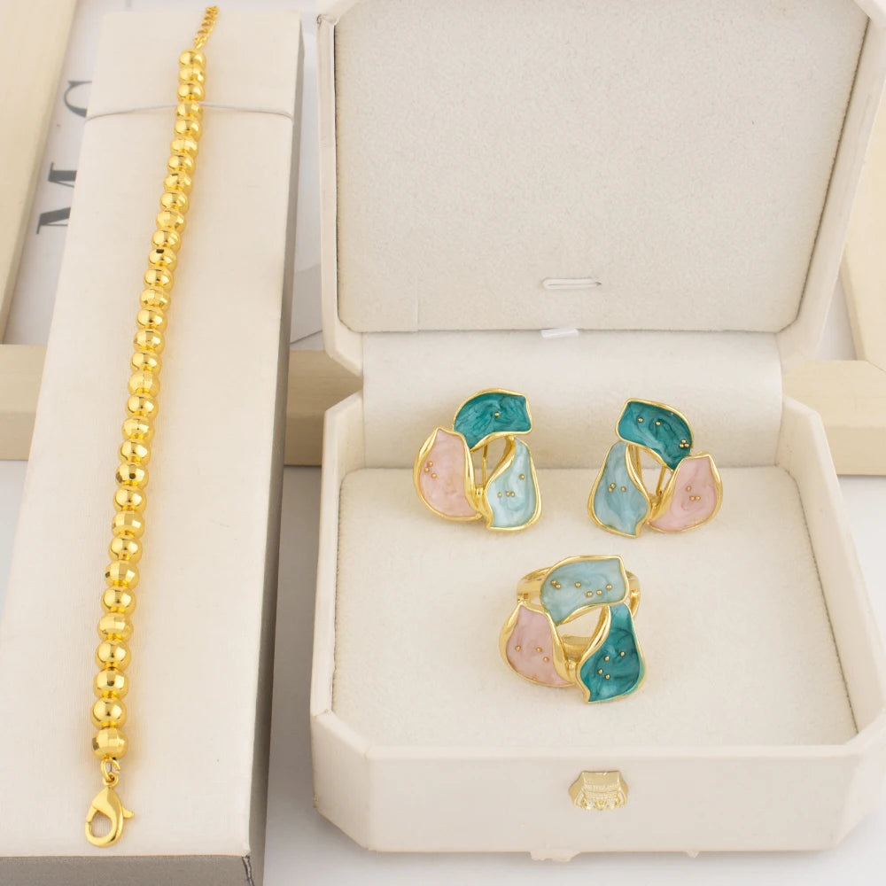 Dopamine Color Jewelry Set For WomenTrendy Earrings Ring Gold Color Bangle Set Advanced Jewelry For Party Wedding Anniversary