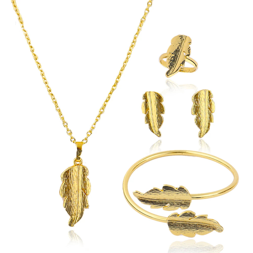 Fashion Gold Plated Jewelry Gift Necklace Earrings Bracelet Ring Set for Women Girl Bride Charm Bangle for Party Wedding Banquet