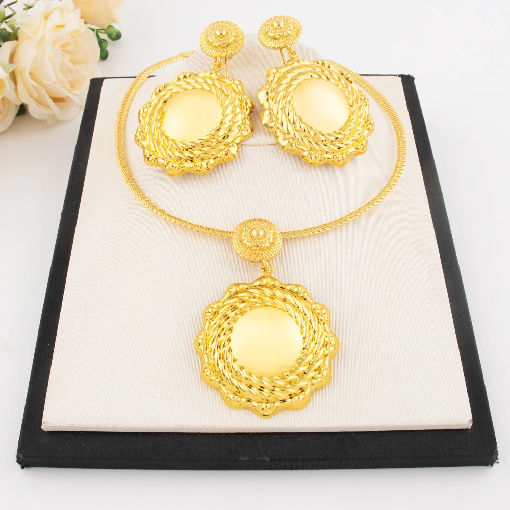Romantic Gold Color Jewelry Set for Dubai Women Luxury Earrings and Necklace Sun Shape Jewelry Accessories For Graduation Gift