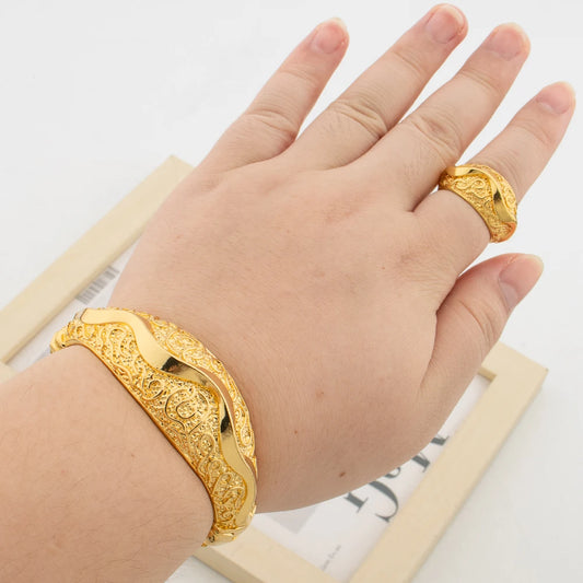 Gold Color Bangle with Ring Set for African Ladies Weddings Hand Bracelet Cocktail Ring 2Pcs Set for Engagement Brazilian Gift