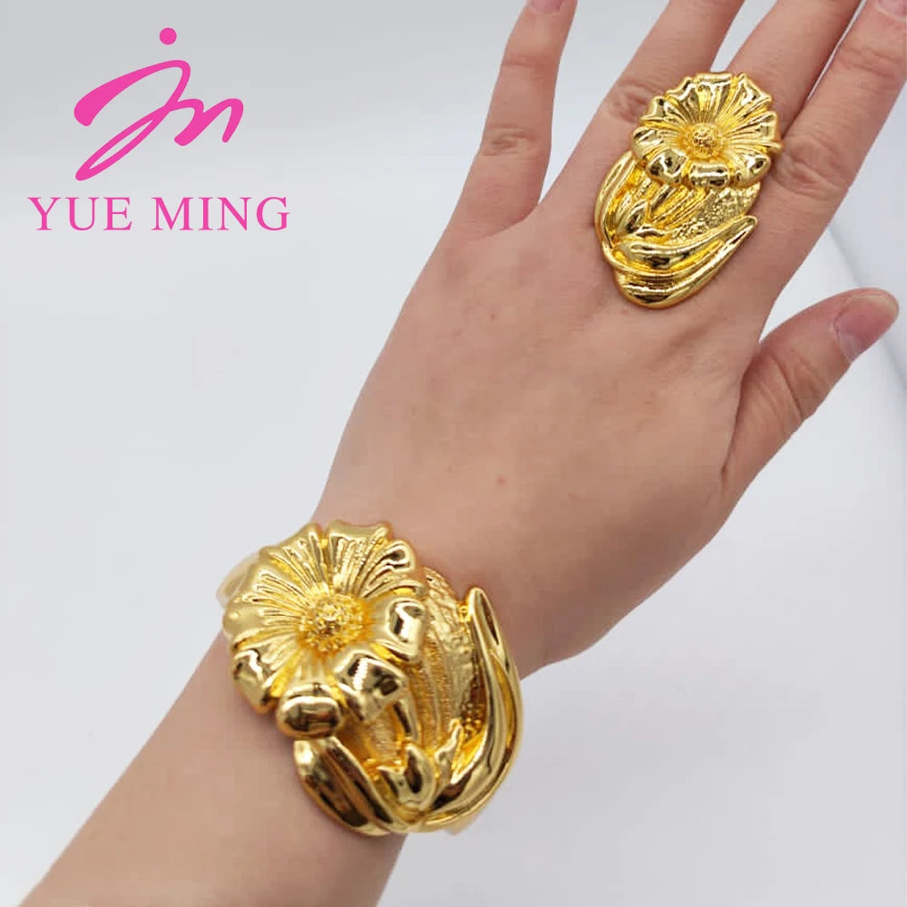 18K Gold Color Cuff Flower Bangle Ring For Women Moroccan France Dubai Luxury Copper Bracelet Jewelry Nigerian Party Wedding Gif