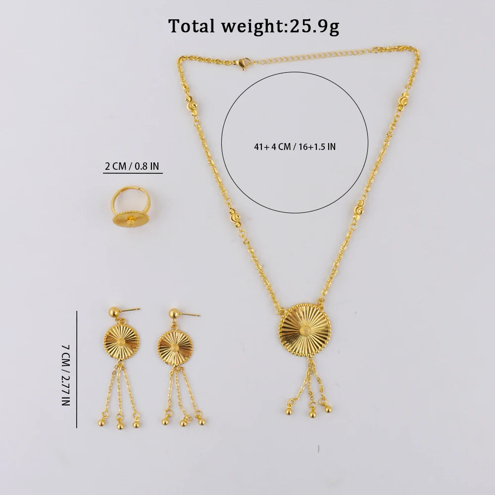 Fashion Gold Color Rotundity Earrings Set 24k Gold Plated Arabic Tassel Necklace Ring Women Wedding Party Ramadan Jewelry Set