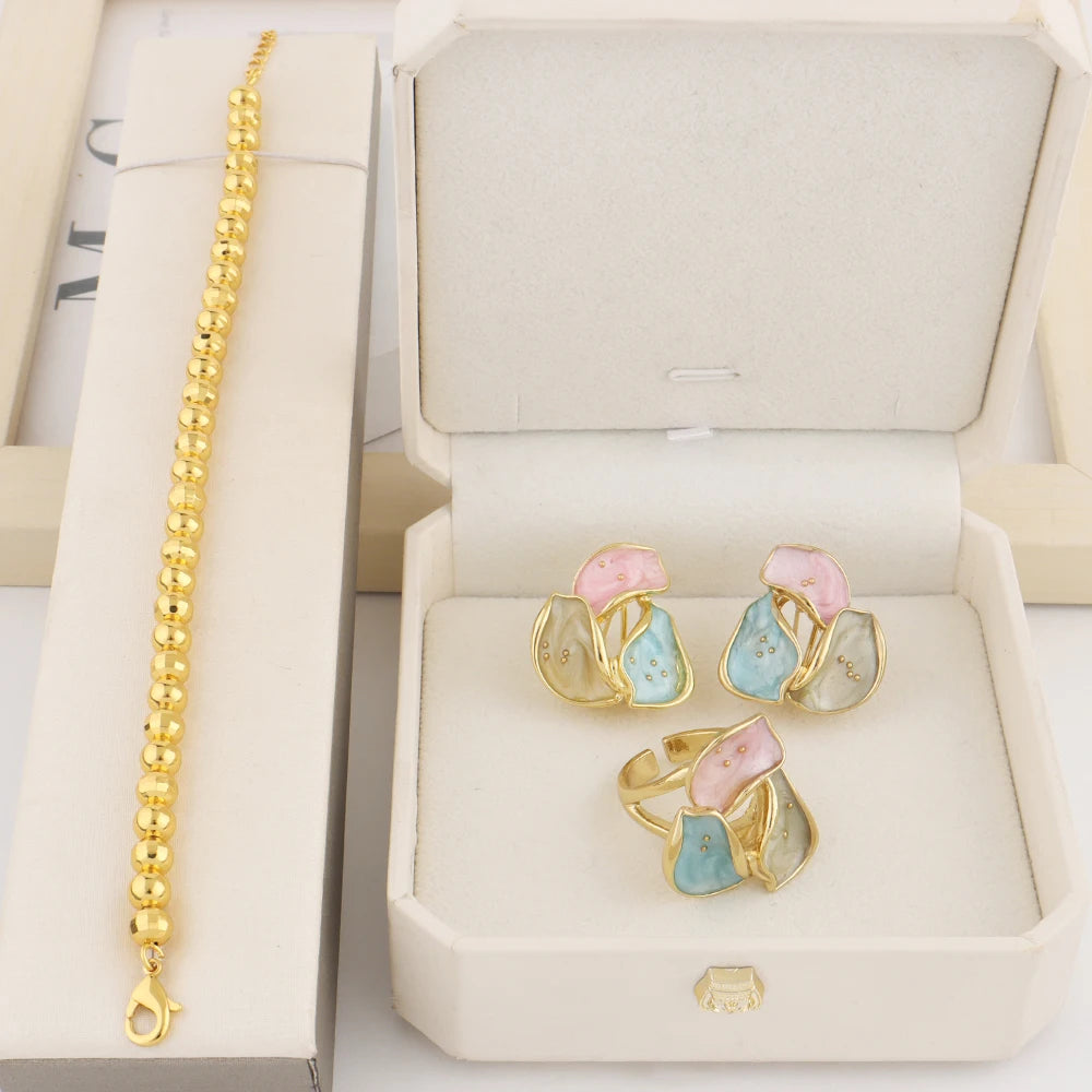 Dopamine Color Jewelry Set For WomenTrendy Earrings Ring Gold Color Bangle Set Advanced Jewelry For Party Wedding Anniversary