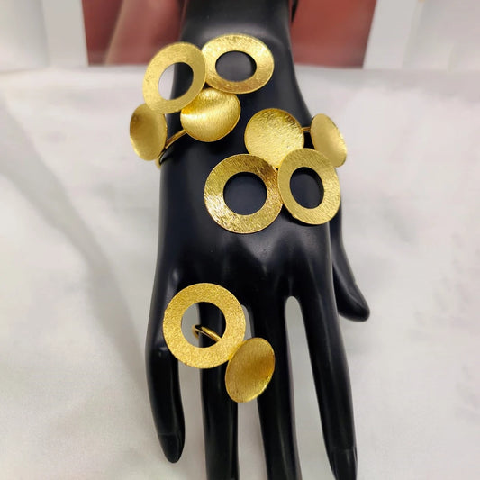 Luxury Cuff Bangle with Ring Set for Bridal African 18k Gold Color Circle Design Opening Bracelet and Finger Ring Set Weddings