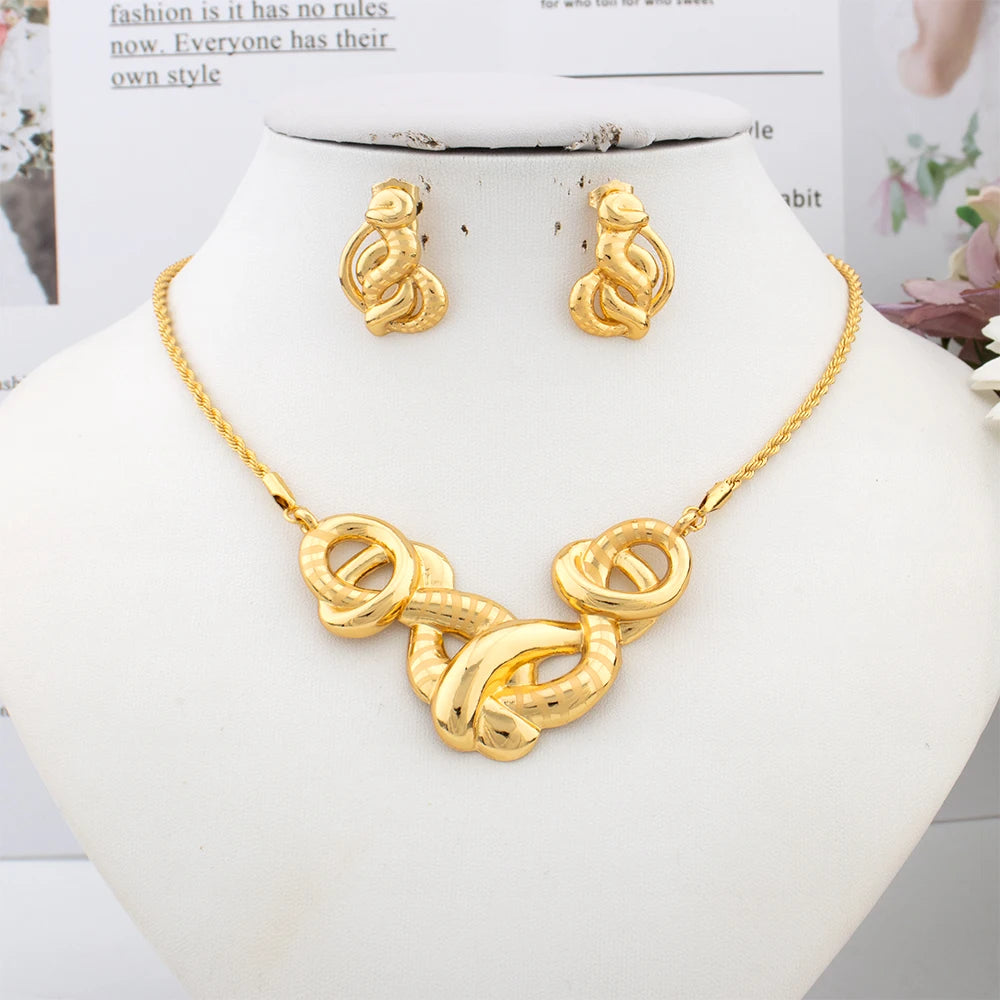 Exquisite Fashion Jewelry Set for Women Arab Gold Color Luxury Necklace Earrings Bangle Ring Set Weddings Dubai Party Daily Wear