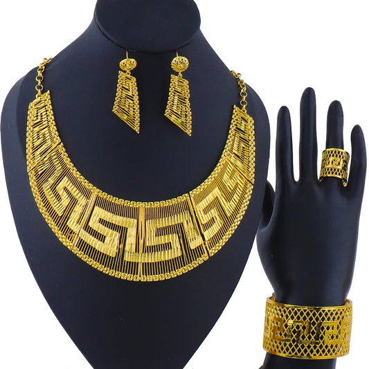 Fashion Woman Luxury 18K Gold Plated Jewelry SetDubai Necklace Earrings Bracelet Ring Wholesale Free Shipping
