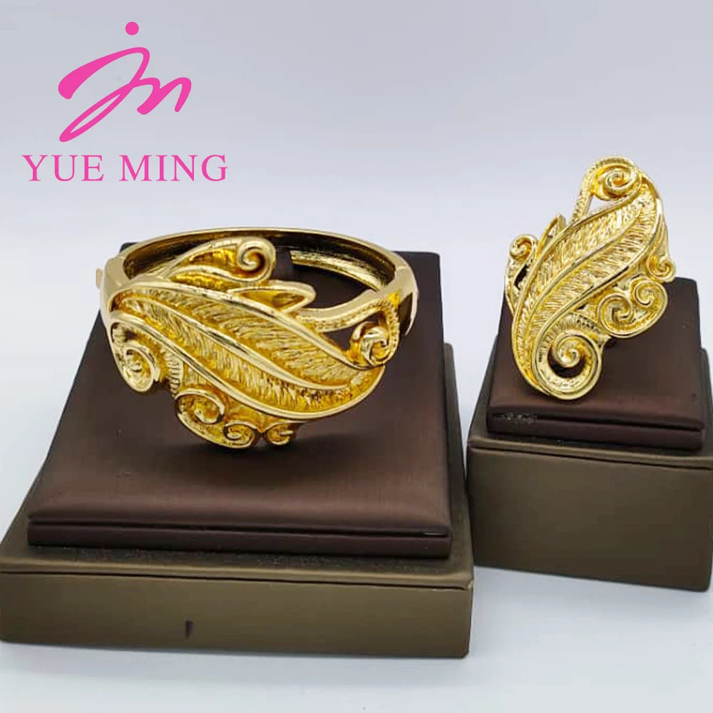 18K Gold Color Cuff Flower Bangle Ring For Women Moroccan France Dubai Luxury Copper Bracelet Jewelry Nigerian Party Wedding Gif