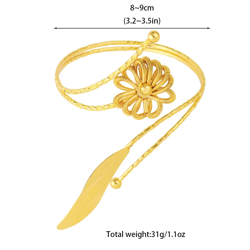Ghana Trendy Flower Leaves Shape Armlet for Women Dubai Upper Arm Hollow Out Bangle Party Wedding Easter Adjustable Jewelry Gift