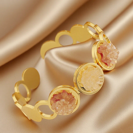 New Stylish Round Cuff Bangle Gold Plated Cubic Zirconia Floral design Charm Bracelet Party Women Men Gifts Jewelry