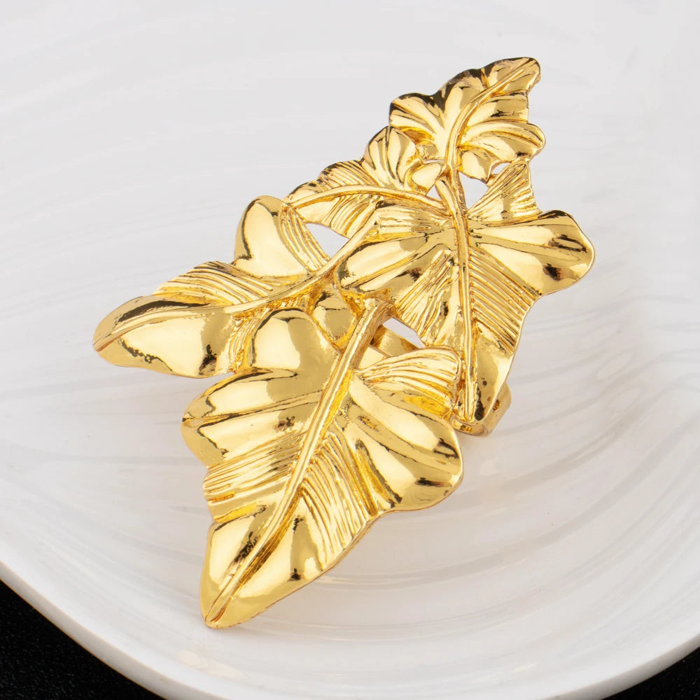 Saudi Arabia Gold Color Jewelry Set Ethiopia Women Luxury Long Chain Leaf Shape Earring Bangle Ring For Party Dating Gift