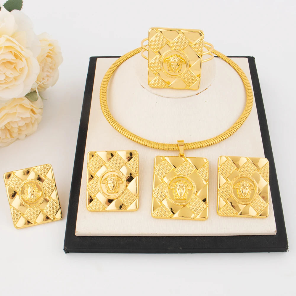 Dubai Luxury Jewelry Set for Women 18K Gold Plated Necklace Bracelet Ring Earrings Classic Daily Wear Party Gift