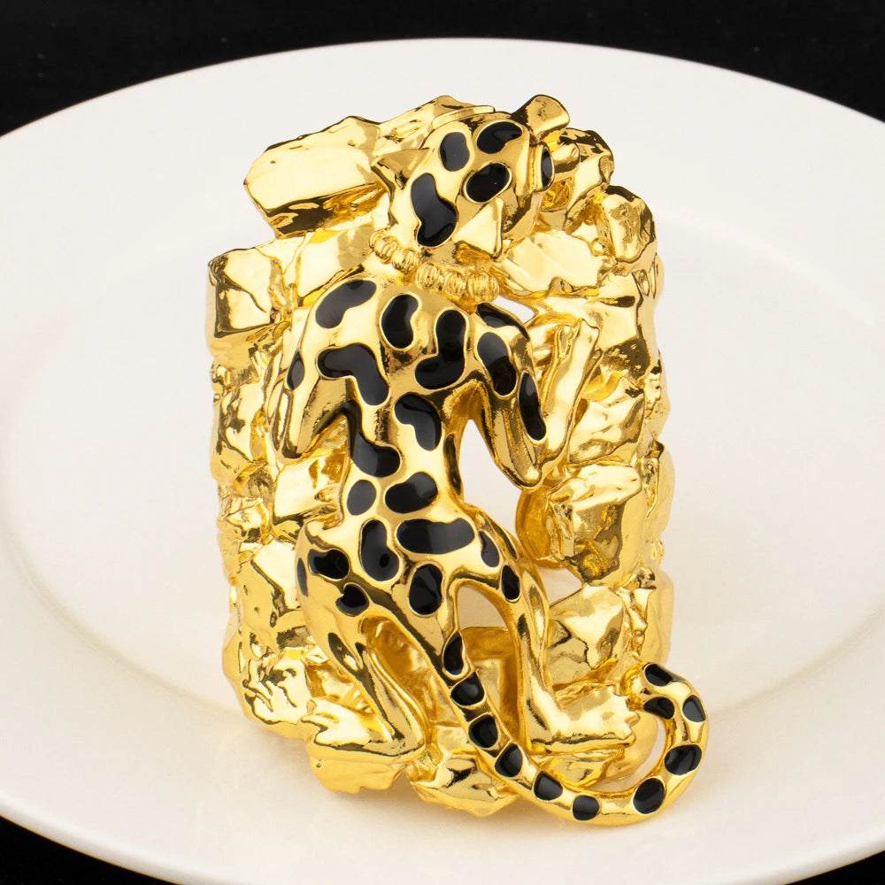 Luxury Gold Plated Domineering Exaggerated Leopard Shape Necklace Bracelet Ring Set for Women Dubai Jewelry Gift for Party