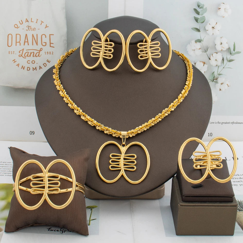 Plated Jewelry Set Copper Women African Hollow Round Design Earrings Pendant Bangle Ring Christmas Arab Turkis Jewelry