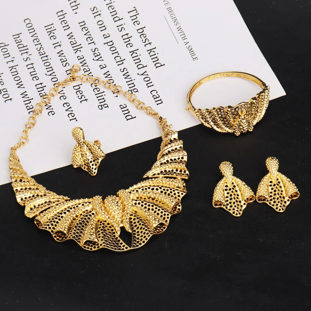 18k Gold Plated Inspired Women Jewelry Necklace Earrings Bracelet Rings Set for Nigeria Lagos Fashion Exotic Skin Friendly