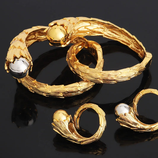 Cuff Bangle With Ring Luxury Gold Plated Bracelet Jewelry Nigerian Wedding Party Gift Dubai Hollow Out Design Bracelet