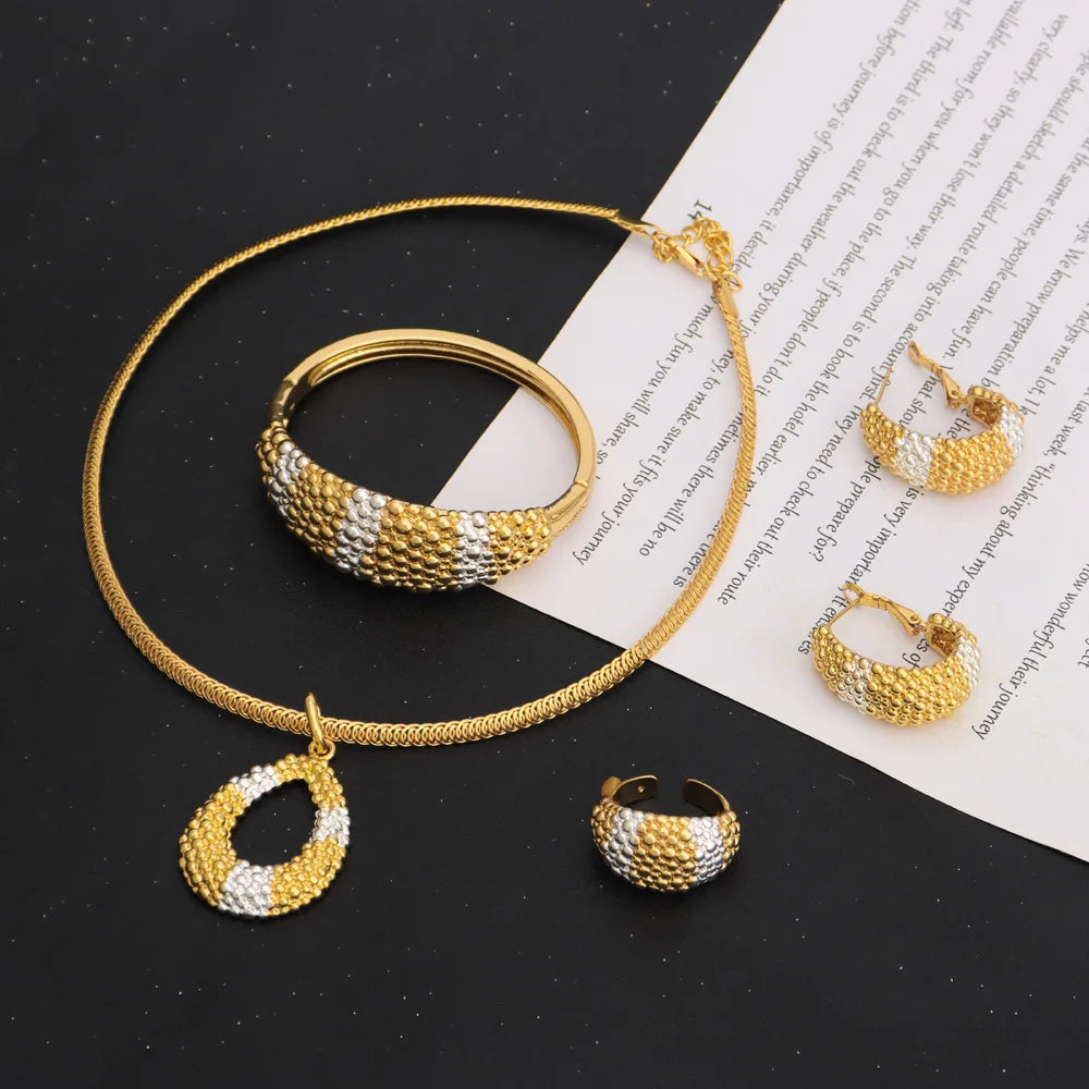 Africa Fashion Gold Plated Bangle Ring Earrings Necklace for Women Arab Multiple Beads Design Wedding Party Easter Jewelry Gift