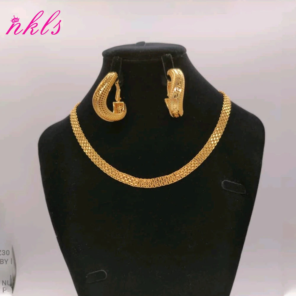 Dubai Stud Earring Set & Italy Chain Necklace, Classic Copper Jewelry for Women Daily Party Anniversary Gift Jewellery