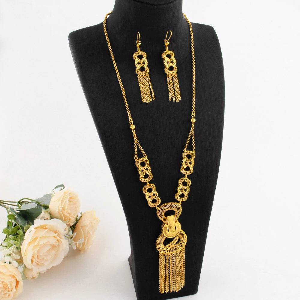 Dubai Luxury Gold Color Tassels Necklace Earrings Sets For Women Mid East India 8-Shaped  Jewelry Gifts For Party Mother