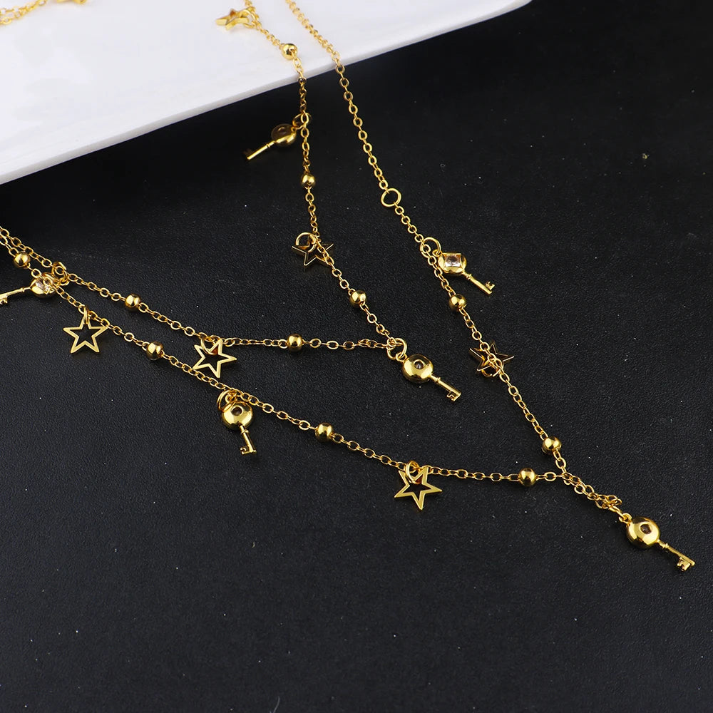 Stainless Steel Earrings Long Chain For Women Gold Plated Jewelry Set Bohemian style Necklace Earrings for Party Wedding Holiday