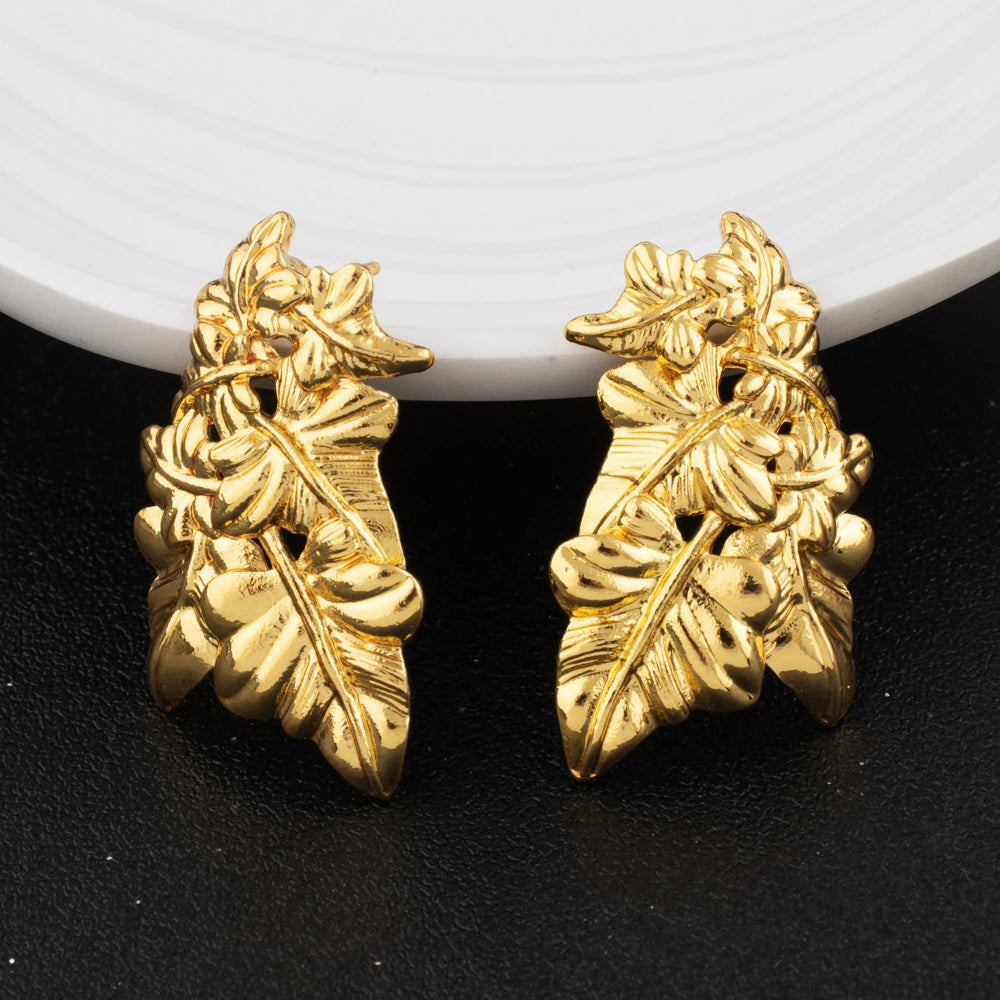 Saudi Arabia Gold Color Jewelry Set Ethiopia Women Luxury Long Chain Leaf Shape Earring Bangle Ring For Party Dating Gift