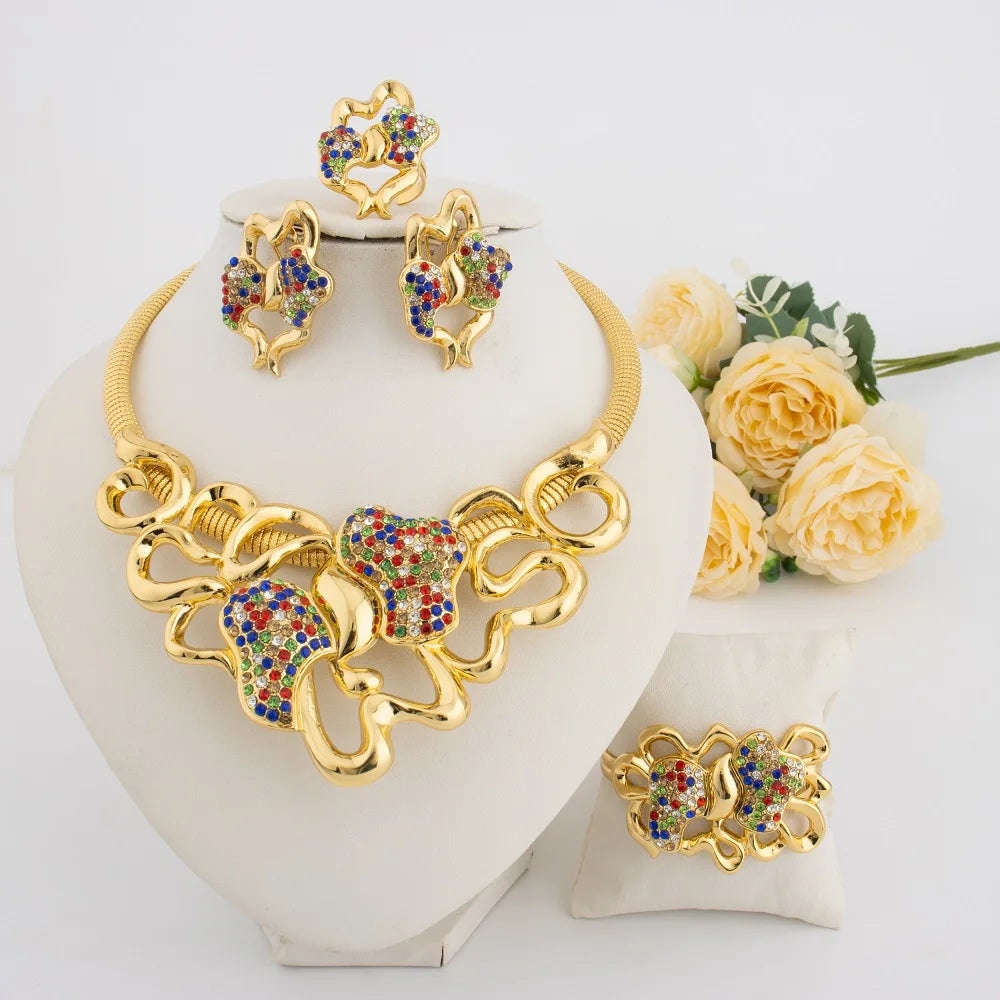 Dubai Gold Plated Jewelry Set Women Luxurious Necklace Earrings Bracelet Ring 4pcs Bride Wedding Party Jewelry Set Gift