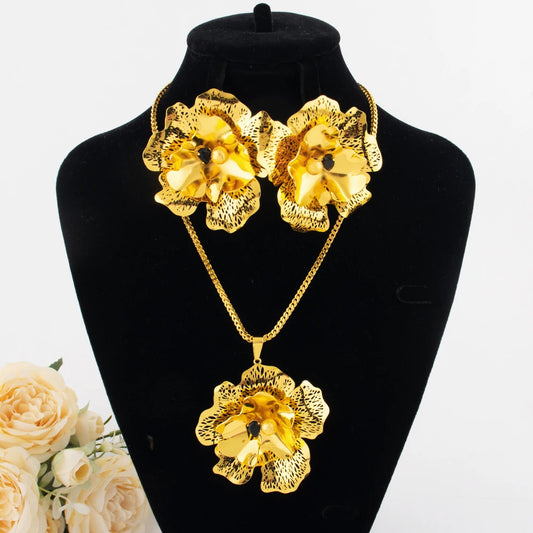 Dubai Luxury Flower Shape Women Jewelry Nigeria Wedding Zircon Collection Earrings Gold Color Bridal Necklace Pendant For Party