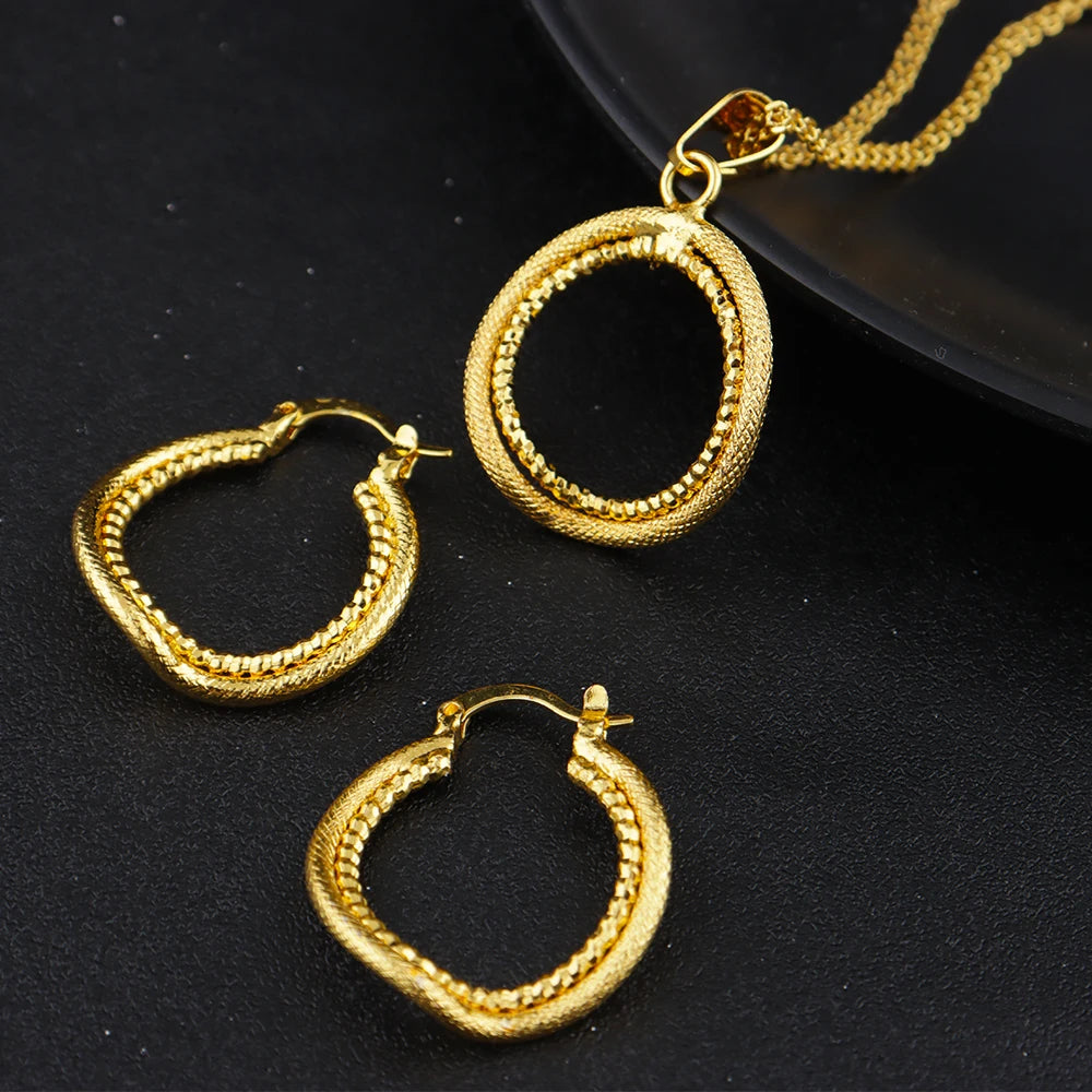 24K Gold-plated Two Piece Copper Jewelry Set Waterproof Earrings Warped Geometry Necklace Apply to America India Party Wedding