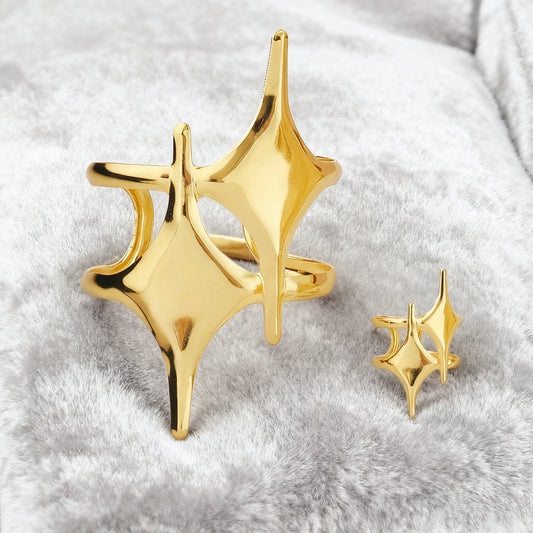 Punk Gold Stainless Steel Star Open Ring & Bracelet Set Unisex Hip-Hop Fashion Jewelry Gift for Women Men Adjustable Stackable S