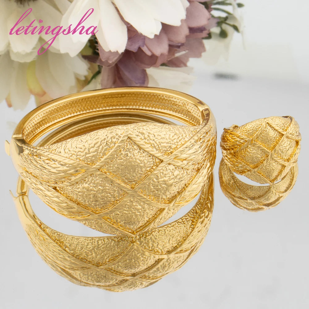 Newest Fashion Bangle Ring 2Pcs Set for Ladies Gold Color Stainless Jewellery Ethiopian Daily Wear Bracelets Rings Jewelry Set