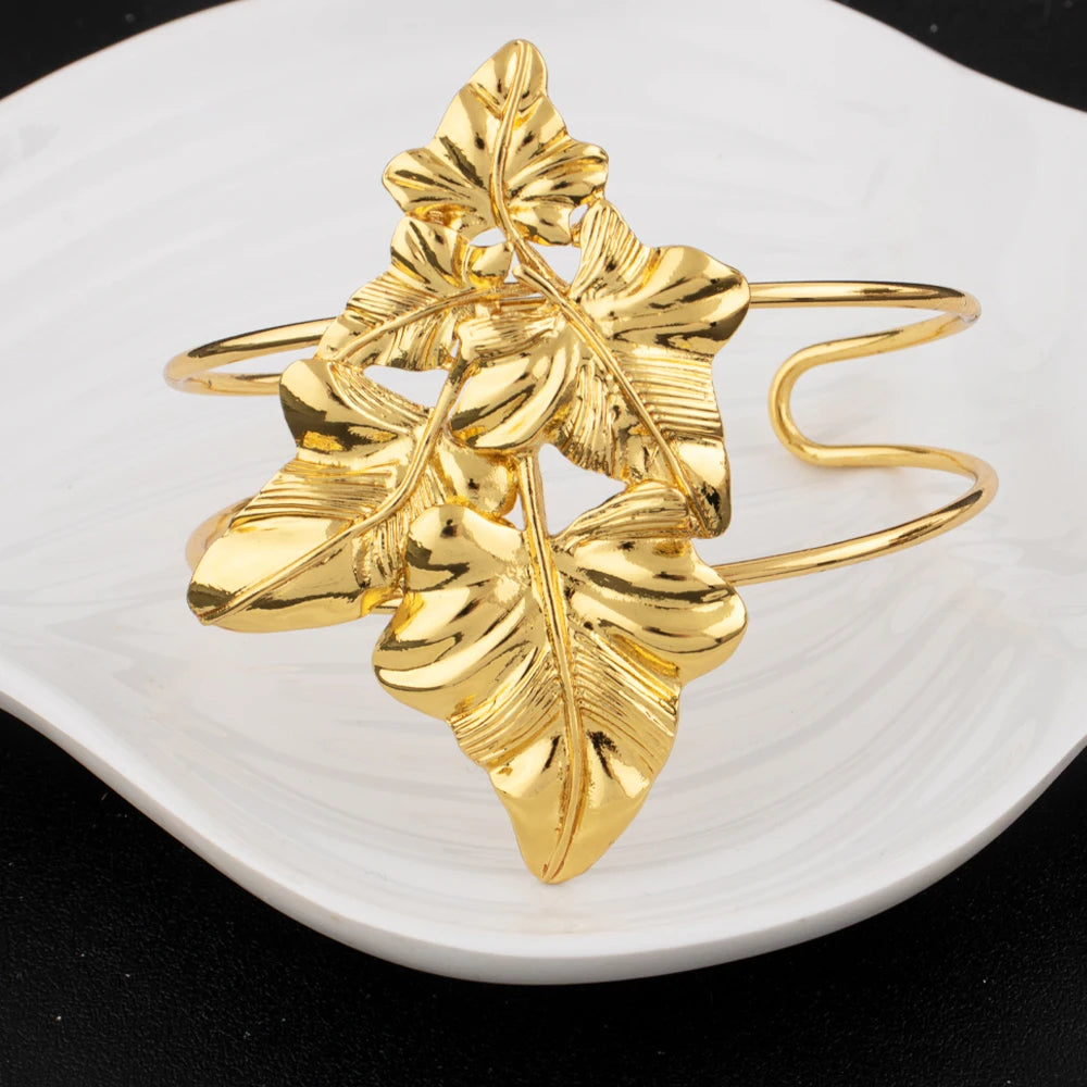 Saudi Arabia Gold Color Jewelry Set Ethiopia Women Luxury Long Chain Leaf Shape Earring Bangle Ring For Party Dating Gift
