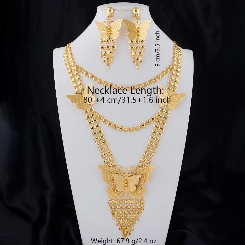 24K Gold Color Long Chain Necklace Earrings Set New Indian Nigerian Bridal Wedding Ethiopian Luxury Party Jewelry Wholesale Gift