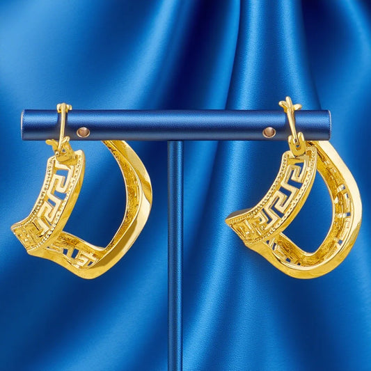 Fancy Hollow Out Pattern Hoop Earrings 18K Gold Plated Jewelry Vintage Simple Style Suitable Modern Fashion Girls Ear Jewelry