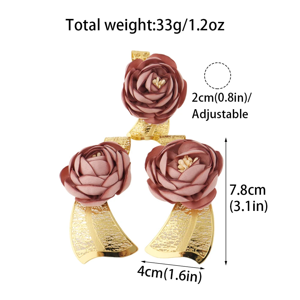 2025 New High Quality Big Pink Flower Earrings Women Jewelry Set Dubai Gold Plated Luxury Ring For Party Wedding Daily Dating
